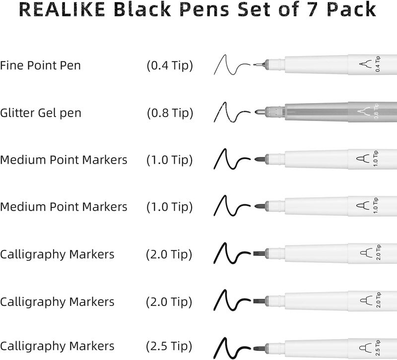REALIKE أقلام متنوعة لجهاز كريكت ميكر 3/ميكر 4/ميكر/إكسبلور 3/4/إير 2/إير، مجموعة أقلام سوداء من 7 قطع تشمل قلم دقيق، قلم جل لامع، قلم تعليم، أقلام خط ورسم متوافقة مع كريكت - Image 2
